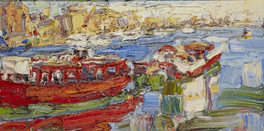 George Rowlett comparable auction result: george rowlett british b 1941 red white blue cruisers at cherry garden pier low tied bri