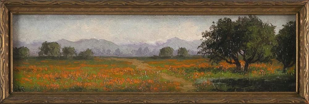 Annie Lyle Harmon comparable auction result: annie lyle harmon california 1855 1930 california poppy field oil on board 2 5 x 8 5 framed 3 x 9