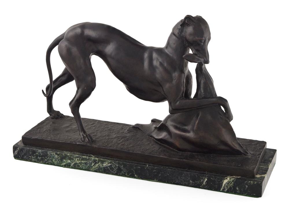 Katharine Ward Lane Weems comparable auction result: katharine ward lane weems massachusetts 1899 1989 whippet playing bronze on a green marble base height 9 length 14 25 width 4 25