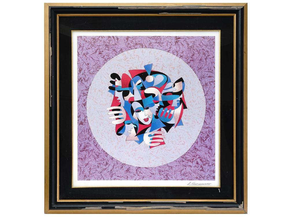 Framed abstract lithograph print showing a purple background with a large circular collage of colorful geometric faces and figures.