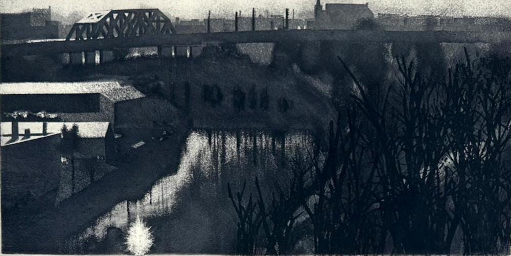 Lawrence Channing comparable auction result: laurence channing etching burning river intaglio