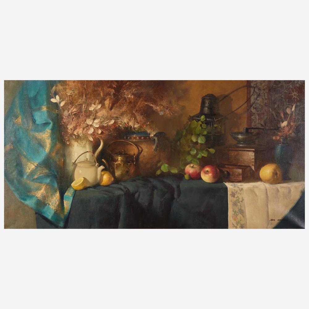 Thomas Andrew Nicholas comparable auction result: thomas andrew nicholas american b 1934 still life with kettles fruit and coffee grinder