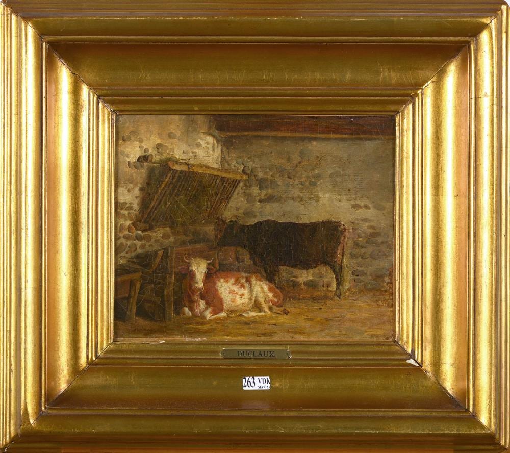 Antoine Jean Duclaux comparable auction result: huile sur toile maroufl e sur toile les vaches l table sign en bas gauche duclaux ecole fr