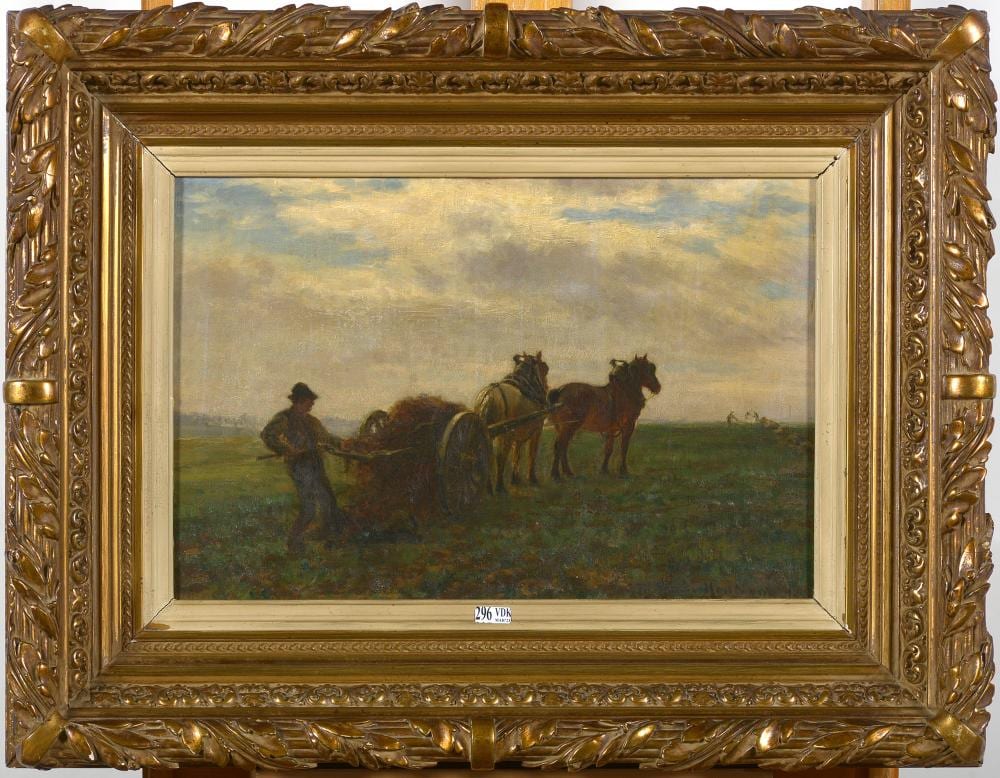Jules Léon Montigny comparable auction result: huile sur toile paysan et attelage au champ sign en bas droite jules montigny et dat ecole b