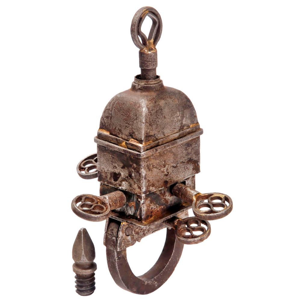 Rusty wrought-iron padlock with a keyhole and metal loop accents, shown against a white background.