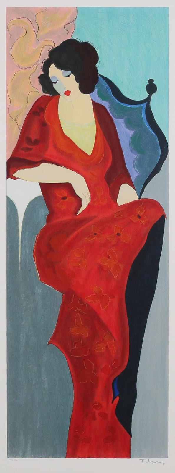 Portrait of a woman in a red dress sitting against a blue background, with a stylized profile and flowing dark hair.