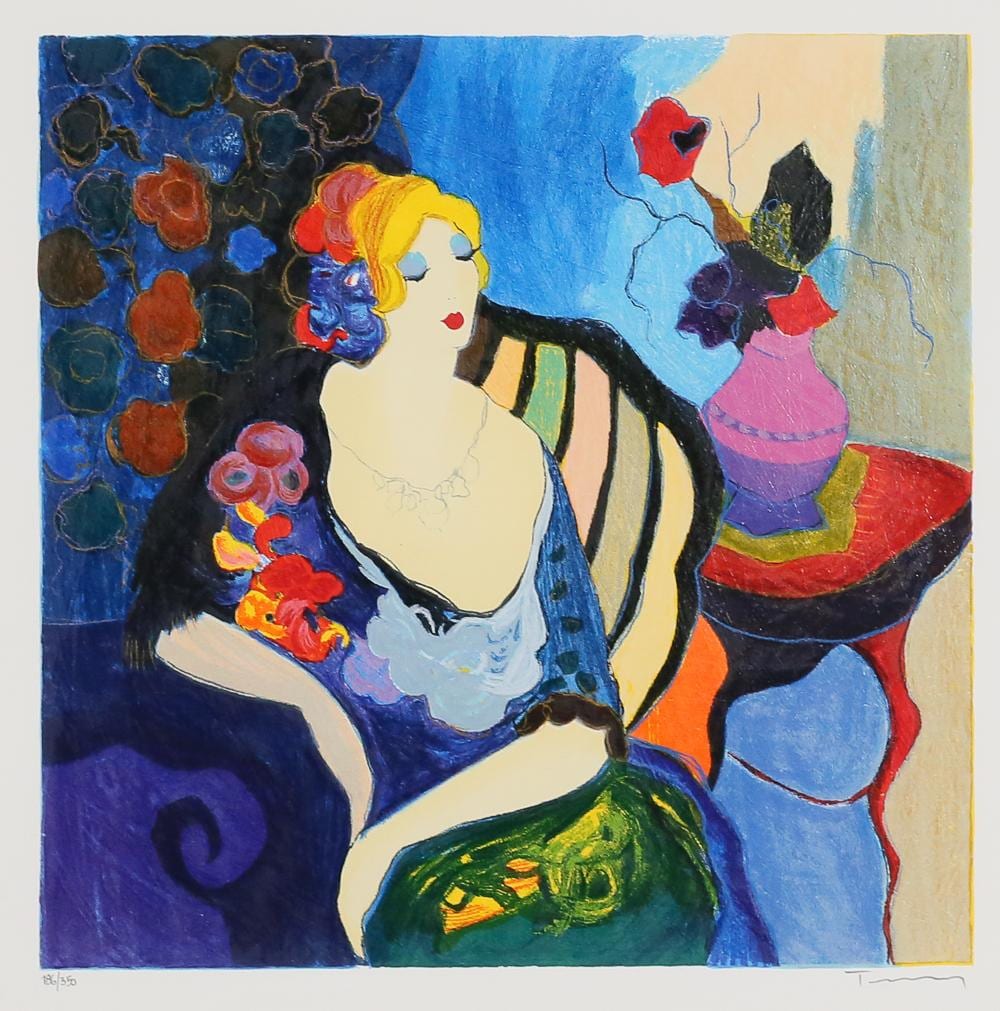 Colorful serigraph print showing a side-profile woman with yellow hair and blue clothing, holding a bouquet, with a dark background of circular shapes.
