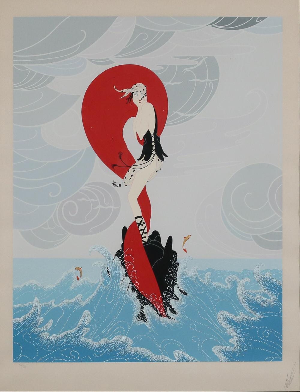 Color print of a stylized nude woman holding a red heart above her head, standing on waves with swirling white lines in the background.