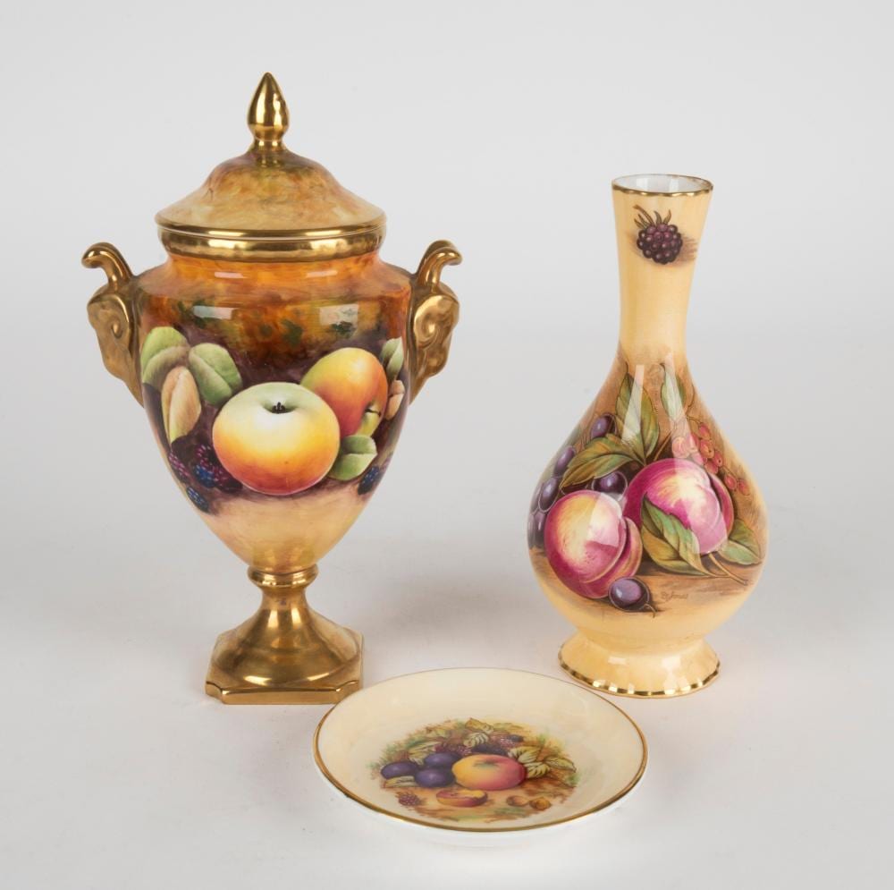 COALPORT vintage English porcelain lidded urn with hand-painted fruit decoration signed "M. PINTER", together with an AYNSLEY "ORCHARD GOLD" porcelain vase and pin dish, 20th century, (3 items), the urn 18cm high sold by Leski Auctions Pty Ltd, lot 326 — auction record photograph