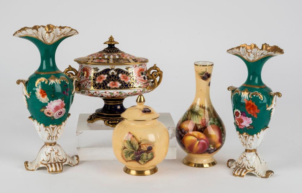 ROYAL CROWN DERBY lidded urn, AYNSLEY "Orchard Gold" vase and ginger jar together with a pair of antique soft paste English porcelain vases, 19th/20th century, (5 items), the largest 21cm high sold by Leski Auctions Pty Ltd, lot 387 — auction record photograph