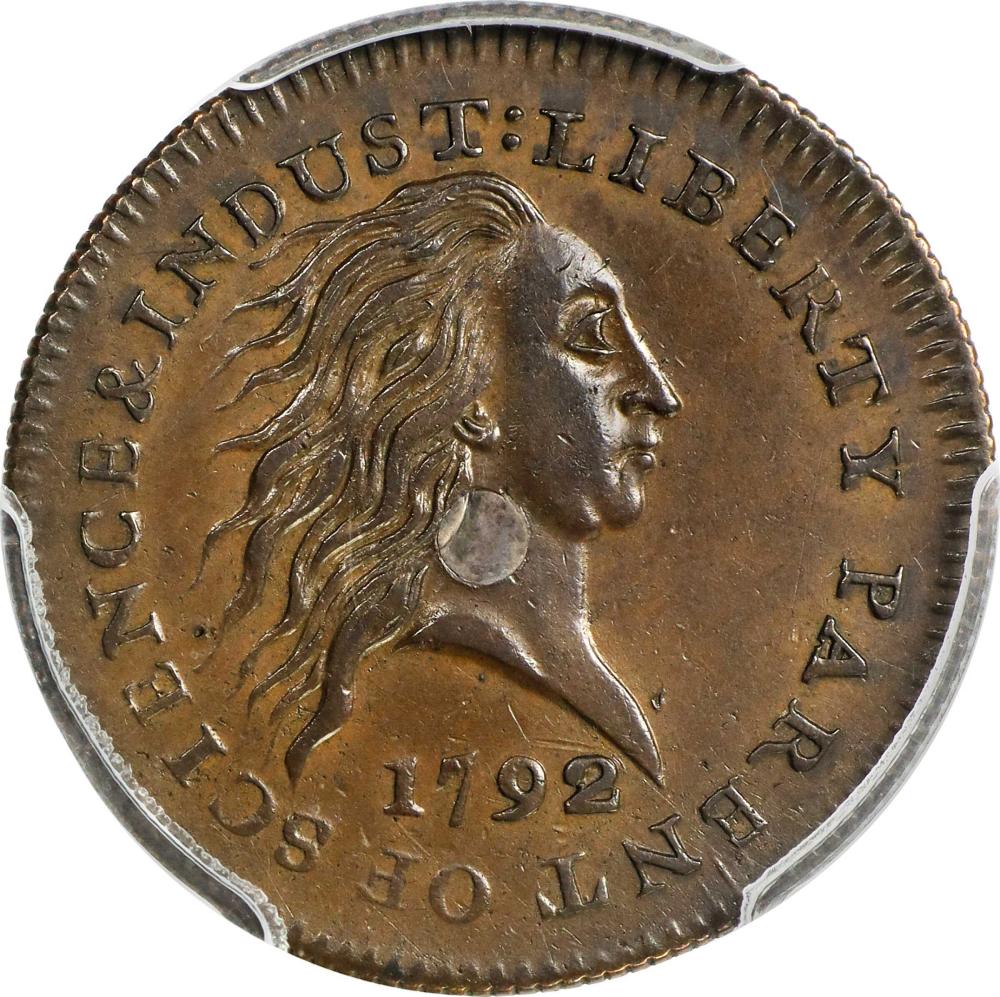 1792 Cent. Silver Center. Judd-1, Pollock-1. Rarity-6+. Copper with Silver Plug. Reeded Edge. MS-61 BN (PCGS). CAC. sold by Stack's Bowers Galleries, lot 3063 — auction record photograph