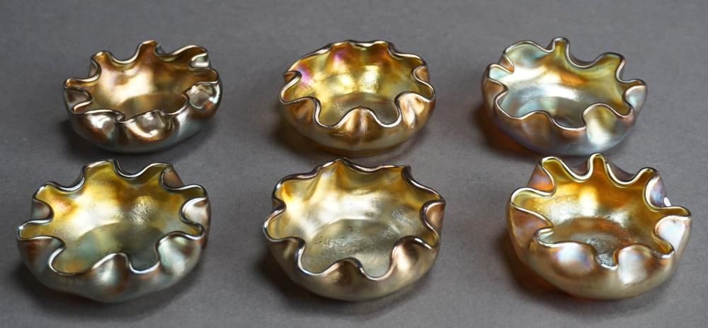 Set of Six L.C. Tiffany Favrile Glass Crimped Nut Dishes or Open Salts, ~D 2 5/8 in. (6.7 cm.) sold by Weschler's, lot 122 — auction record photograph