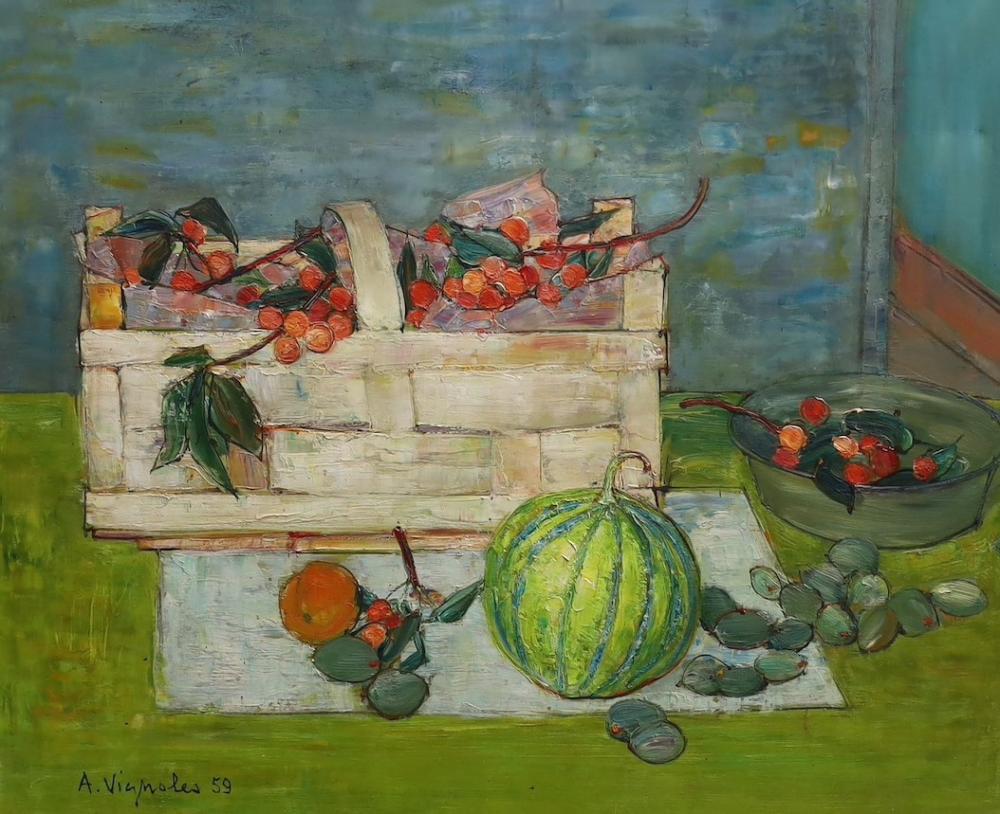 andr vignoles french 1920 2017 table top still life with basket of cherries and other fruit oil on canvas 53 x 64cm · Gorringes · 2023-03-14 André Vignoles comparable auction result: andr vignoles french 1920 2017 table top still life with basket of cherries and other fruit oil on canvas 53 x 64cm