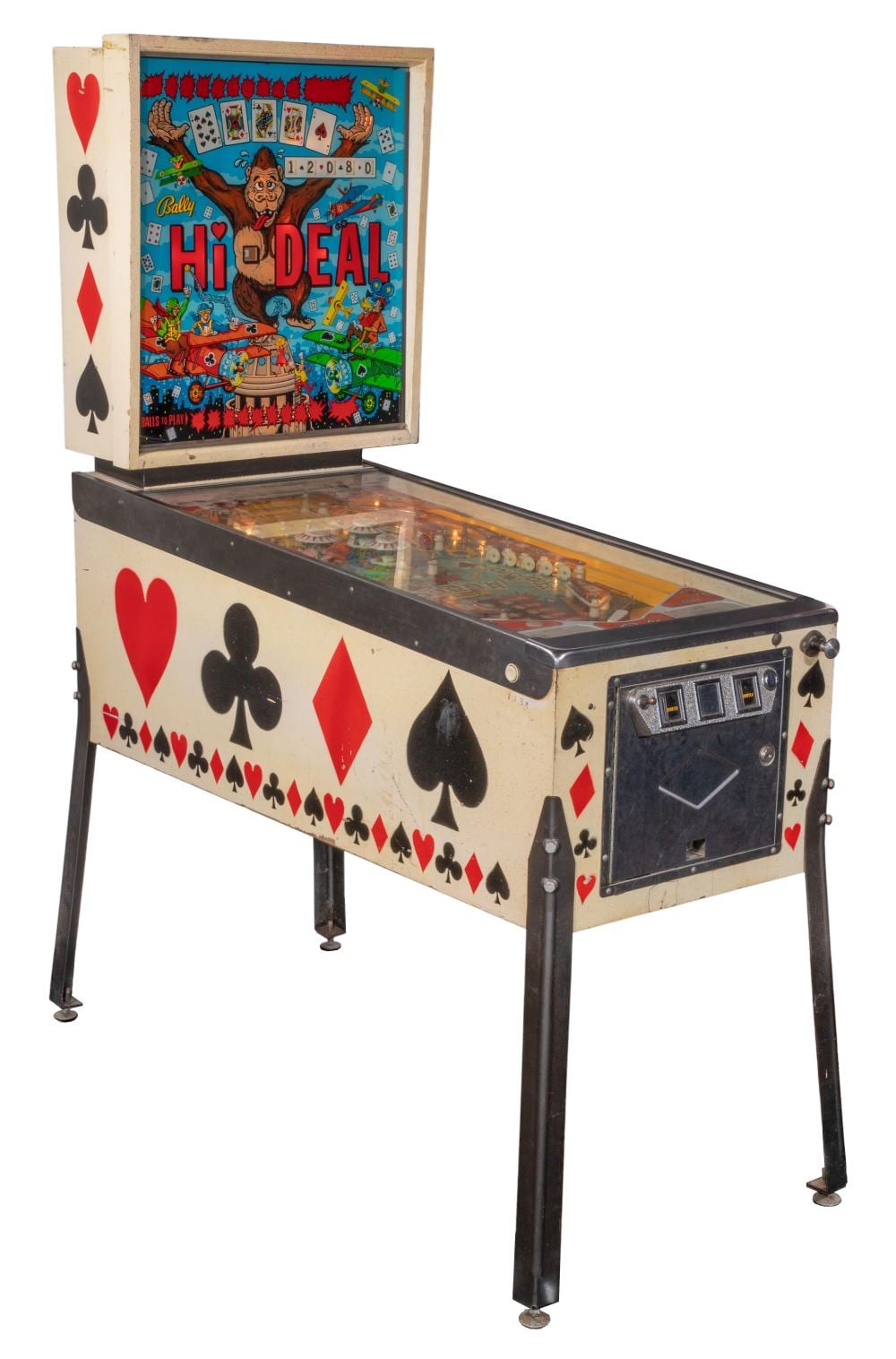 View of a Bally “Hi-Deal” pinball machine with playing-field glass, colorful cabinet art, and playing-card symbols on the sides.