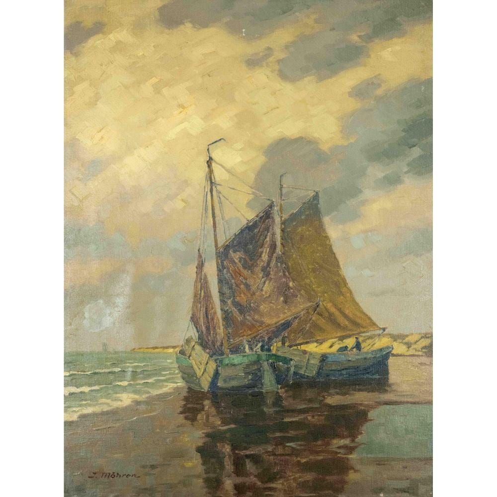 Jean Möhren comparable auction result: jean m hren 1876 painter working in munich fishing boats on the beach oil on canvas over
