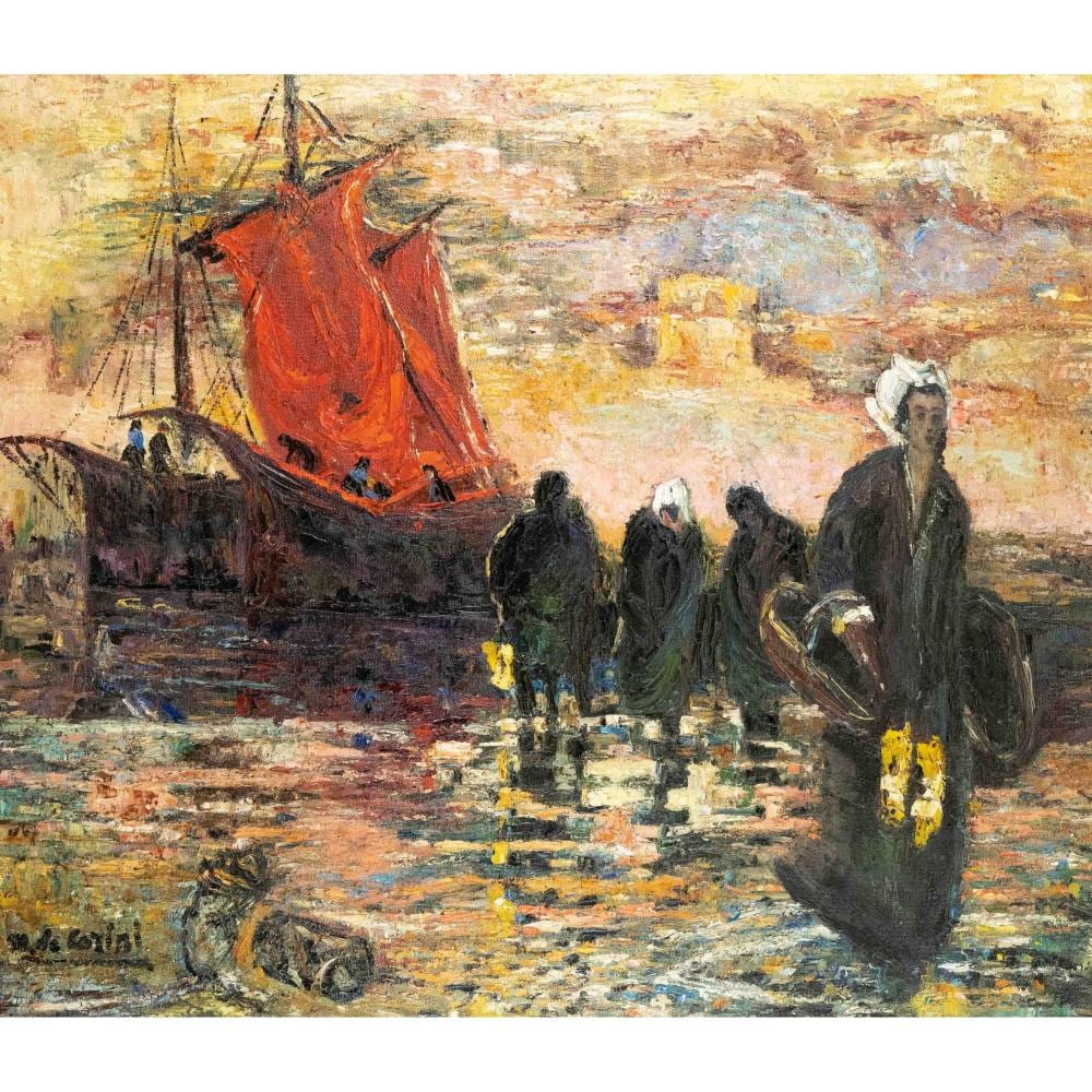 Margit Corini comparable auction result: m de corini 2nd h 20th c large impressionistic depiction of fishermen on the beach oil on