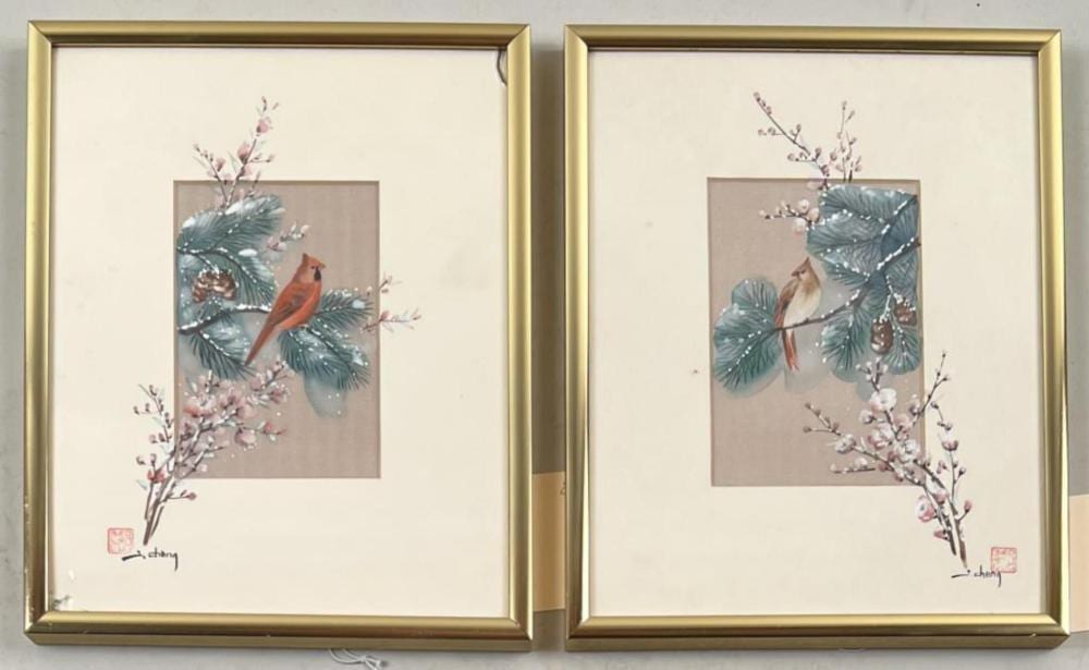 Zhen (1866) Wang comparable auction result: chen pair w c silk cardinal birds