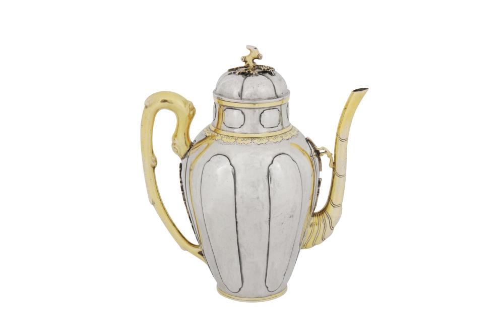 A rare and interesting early to mid-18th century Chinese parcel gilt silver wine pot, circa 1720-50 sold by Chiswick Auctions, lot 538 — auction record photograph