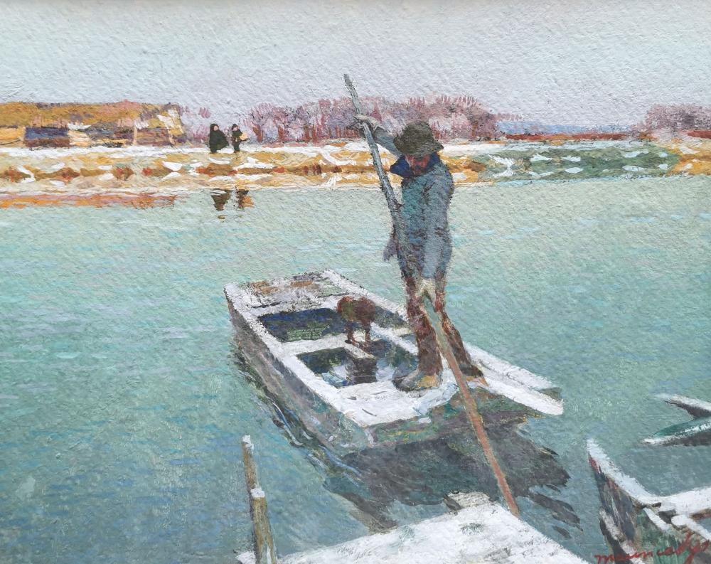 Painted winter river scene with two small figures in a boat, icy water, and snow-covered banks in the background.