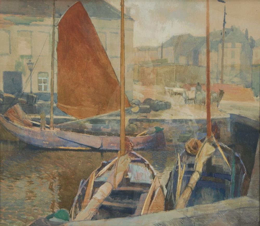 Painting of boats on a harbor, with a large brown sail and blue-and-white sails near a dock and buildings in the background.