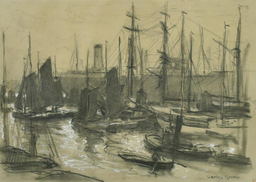 Carlos Grethe comparable auction result: carlos grethe 1864 1913 uruguay a view of moored boats charcoal and chalk signed and with studio stamp 1