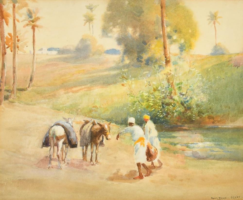 Frank Dean comparable auction result: frank dean 1865 1947 british figures and donkeys by water with dwellings beyond watercolour signed and in