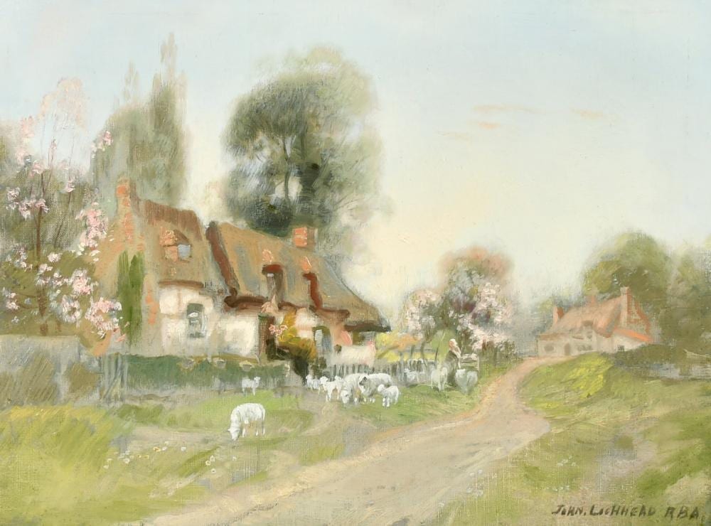 John Lochhead comparable auction result: john lochhead 1866 1921 scottish thatched cottages in spring with a shepherdess moving ewes and lambs alon