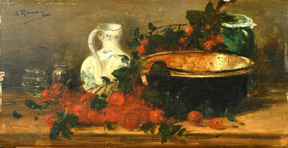 Alfred Rouby comparable auction result: alfred rouby 1849 1909 french a pair of oil on mahogany panel still life paintings of fruit and kitchen obj