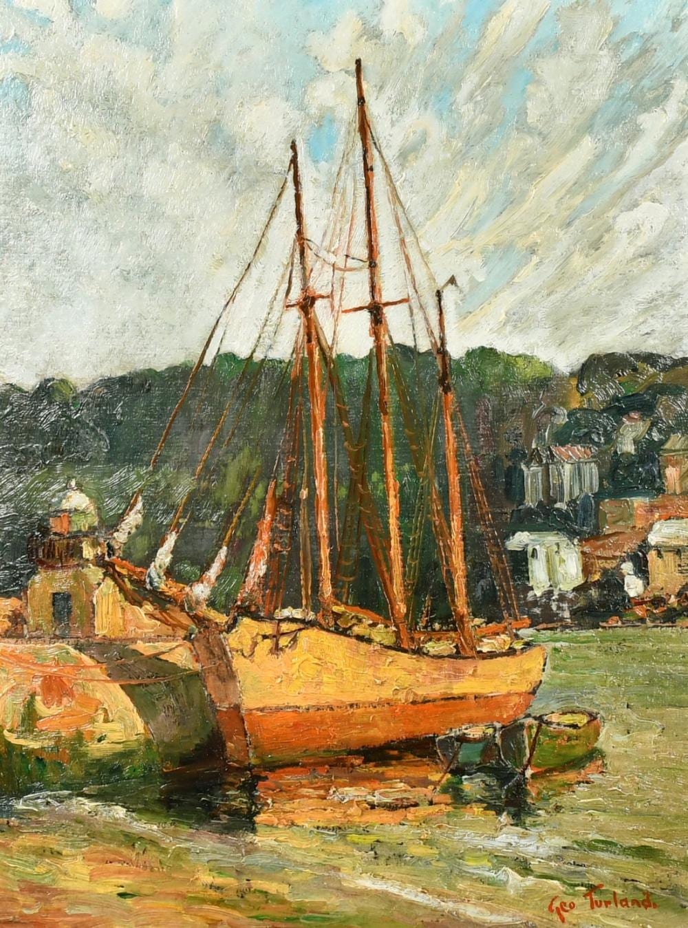 G. Turland Goosey comparable auction result: george turland 1877 1947 american a tall ship tethered to a harbour wall oil on board signed 16 x 12