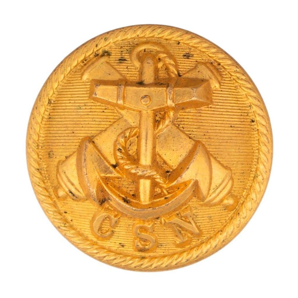Gold-colored metal button with a raised cross anchor naval emblem and lettering around the rim.