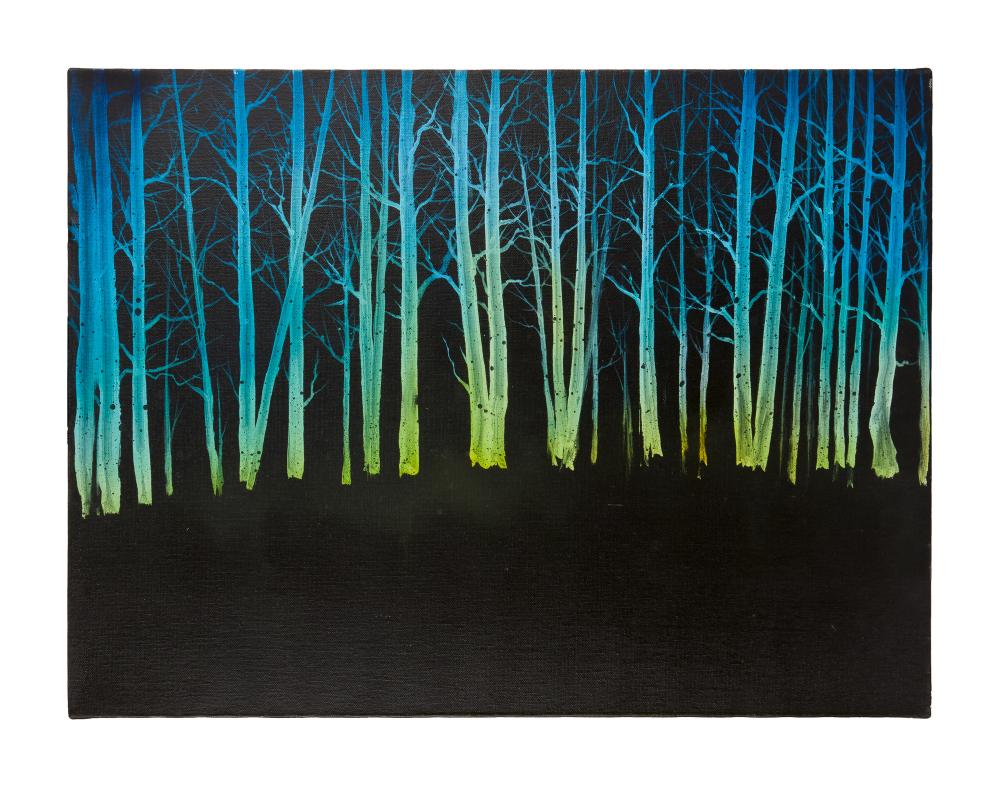 A square forest painting with tall blue and green trees and a dark foreground.