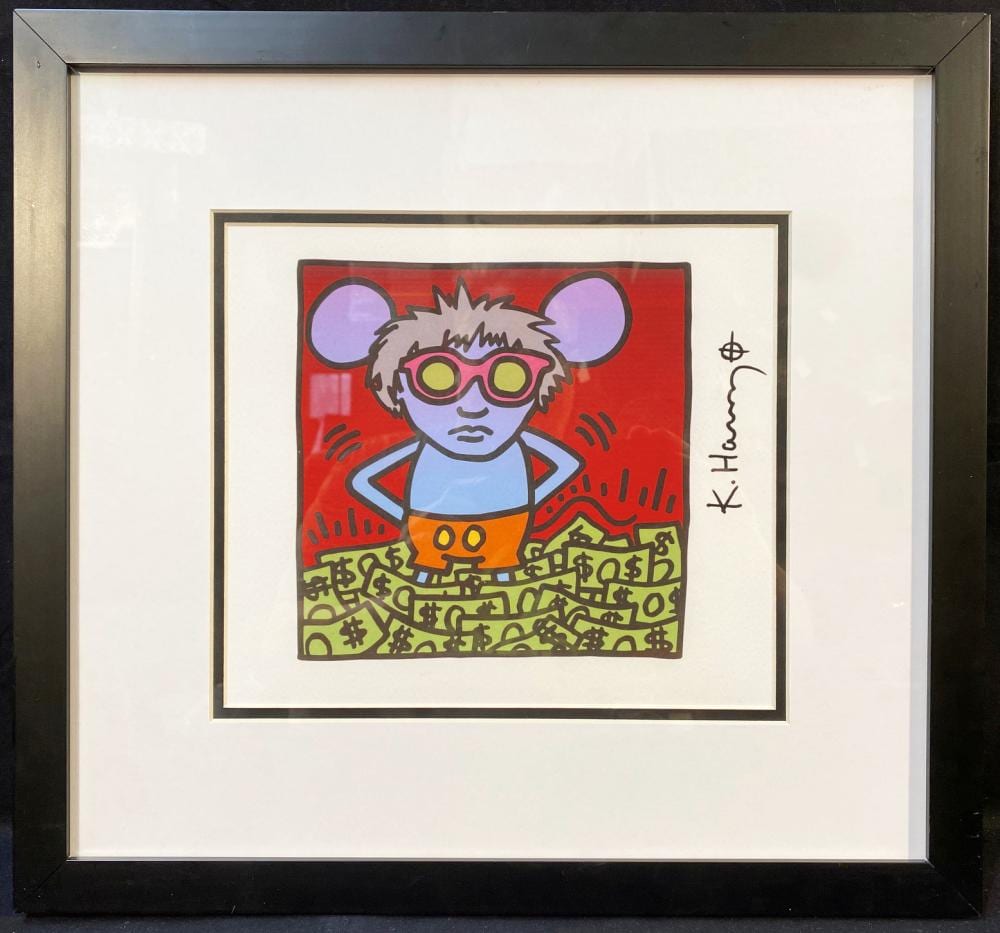 KEITH HARING (1958-1990) HAND SIGNED LITHOGRAPH TITLED ANDY MOUSE – 17IN x 18IN sold by The Rug Life Auctions, lot 80 — auction record photograph