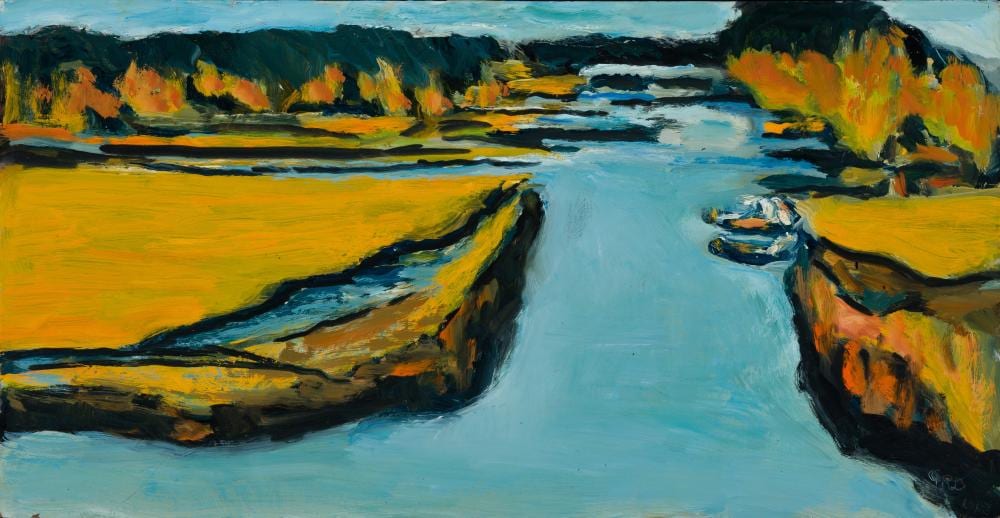 Arthur Richard DiMambro comparable auction result: arthur richard dimambro am 1928 2016 down river durham 2013 oil on masonite unframed 12 x 23 3 8 actual
