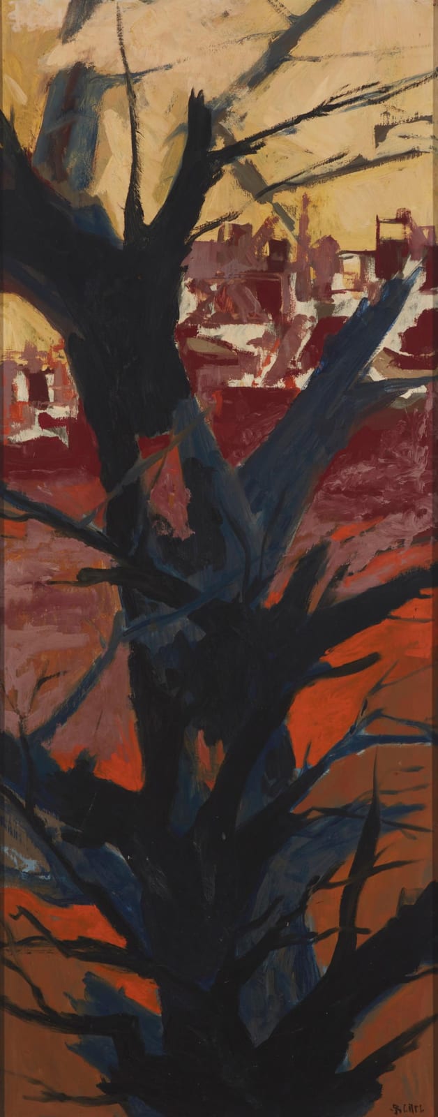 Joan Carl comparable auction result: joan strauss carl 1926 2021 nuclear solution oil on masonite 48 h x 18 5 w