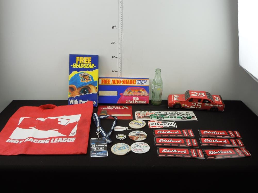 Lot of Miscellaneous Racing Souvenirs; Jeff Gordon Coke Bottle, Buttons, Stickers, and More sold by Richard L. Edwards Auctioneer, lot 44A — auction record photograph