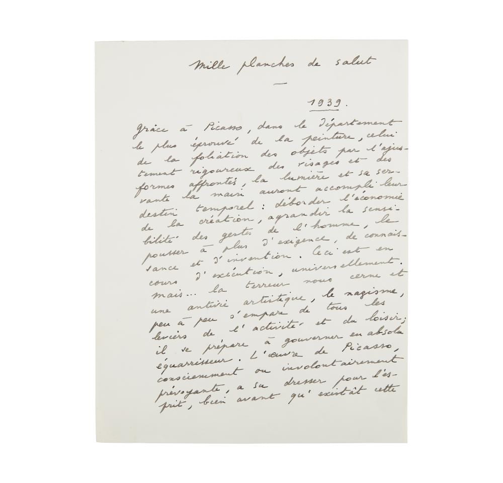 René Char comparable auction result: ren char 1907 1988 mille planches de salut picasso manuscrit autographe sign 1939 1969 3 pages in 4 l encre