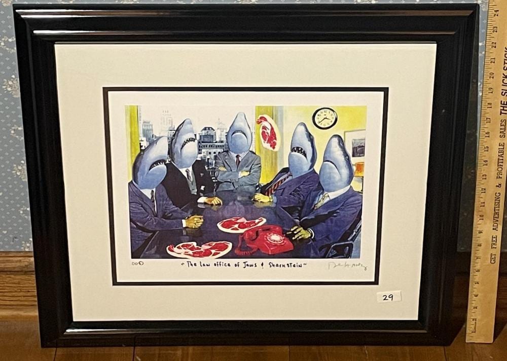 nelson de la nuez the law office of jaws sharkstein signed glossy fine pop art pint 00 framed · One Source Auctions · 2023-04-15 Nelson De La Nuez comparable auction result: nelson de la nuez the law office of jaws sharkstein signed glossy fine pop art pint 00 framed