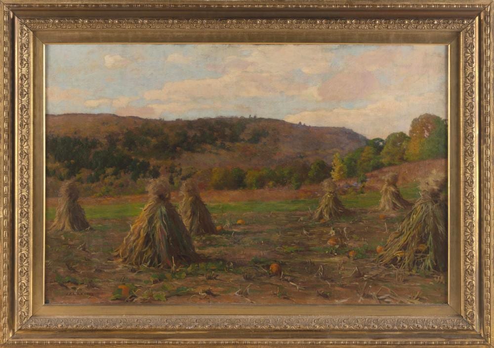 jonas joseph lavalley massachusetts 1858 1930 fall landscape with haystacks and pumpkins oil on canvas 22 x 34 framed 29 x 41 · Eldred's · 2023-04-07 Jonas Joseph LaValley comparable auction result: jonas joseph lavalley massachusetts 1858 1930 fall landscape with haystacks and pumpkins oil on canvas 22 x 34 framed 29 x 41
