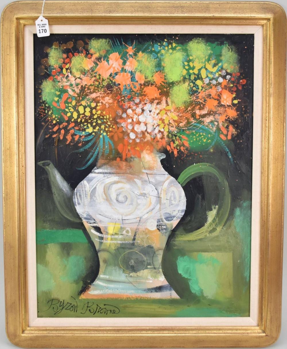 Byron Browne (AMERICAN, 1907–1961) oil on canvas, still life of flowers in white vase, titled "Flowers", signed lower left, signed on reverso with title and dated 1959, 26" x 20" 31 1/2" x 25" overall sold by Bill Hood & Sons Arts & Antiques Auctions, lot 170 — auction record photograph