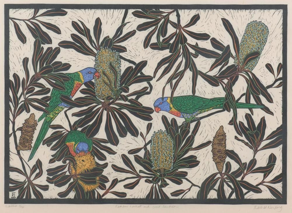 Rachel Newling comparable auction result: rachel newling born 1956 rainbow lorikeet and coast banksia hand coloured linocut ed 3 50