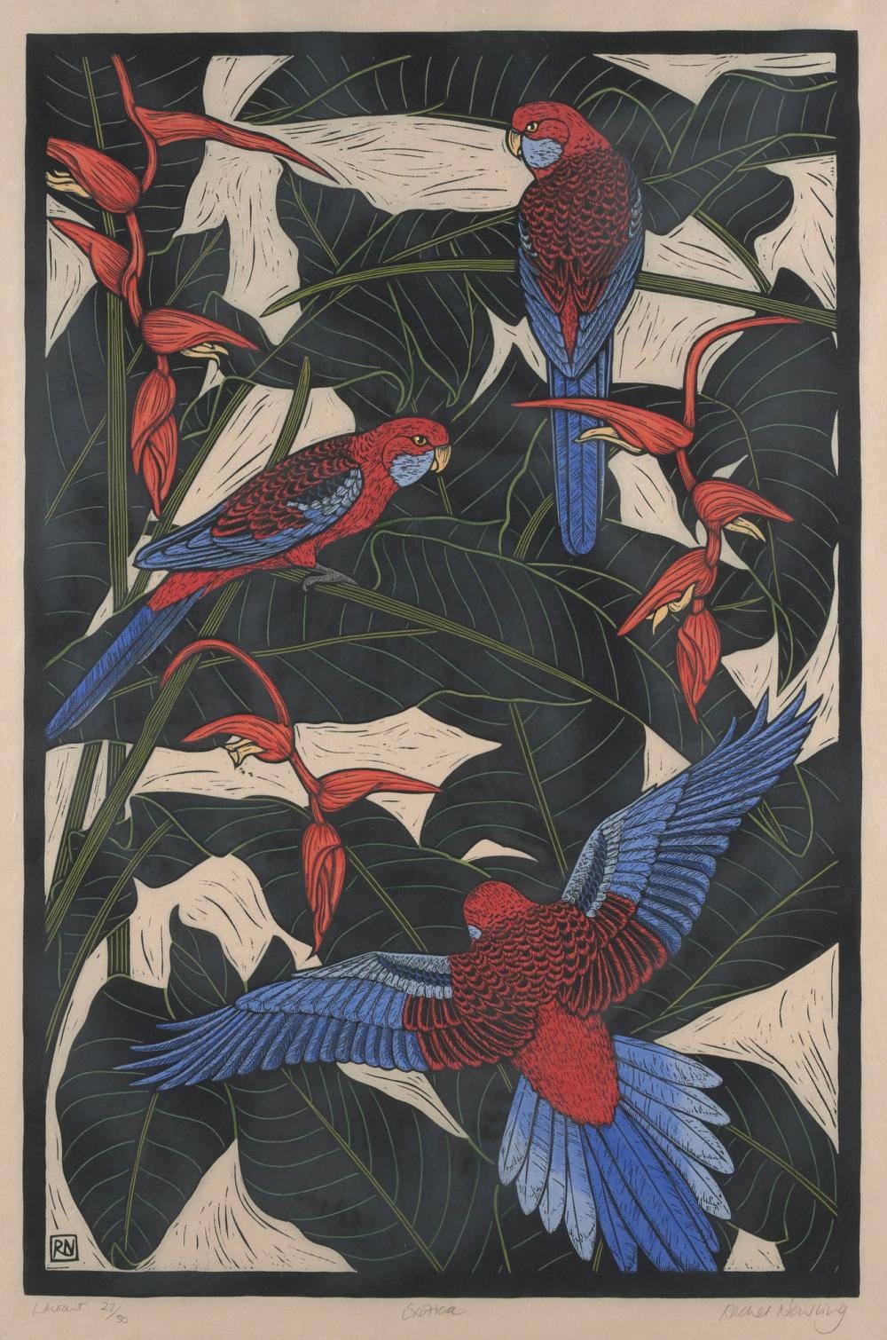 Rachel Newling comparable auction result: rachel newling born 1956 exotica hand coloured linocut ed 27 50