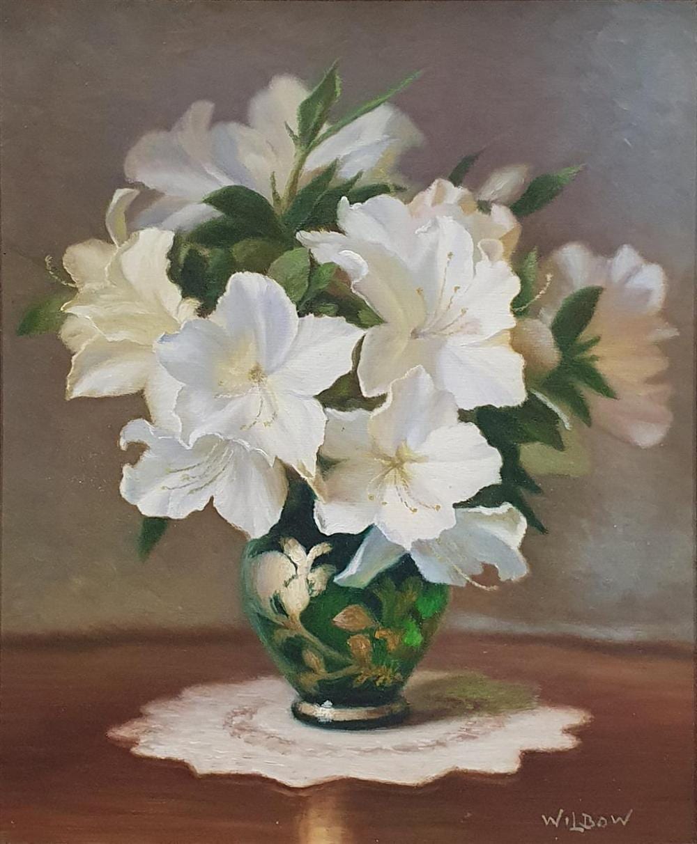 Clive Wilbow comparable auction result: clive wilbow australia 1908 76 white azaleas oil on board signed lower right 37 x 29 cm framed 52 x 45 cm artist label and
