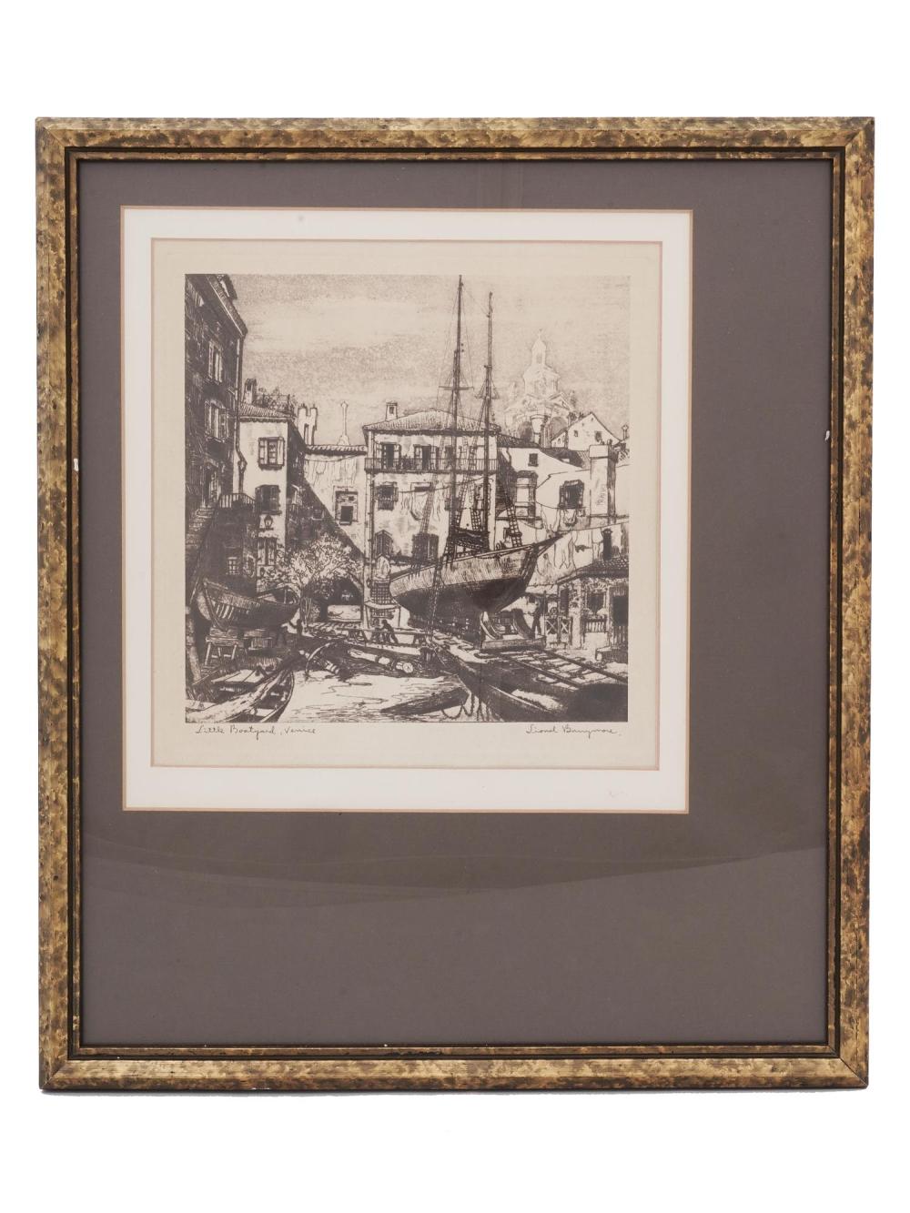 Framed black-and-white etching of a canal town scene with buildings and masts, viewed from street level.