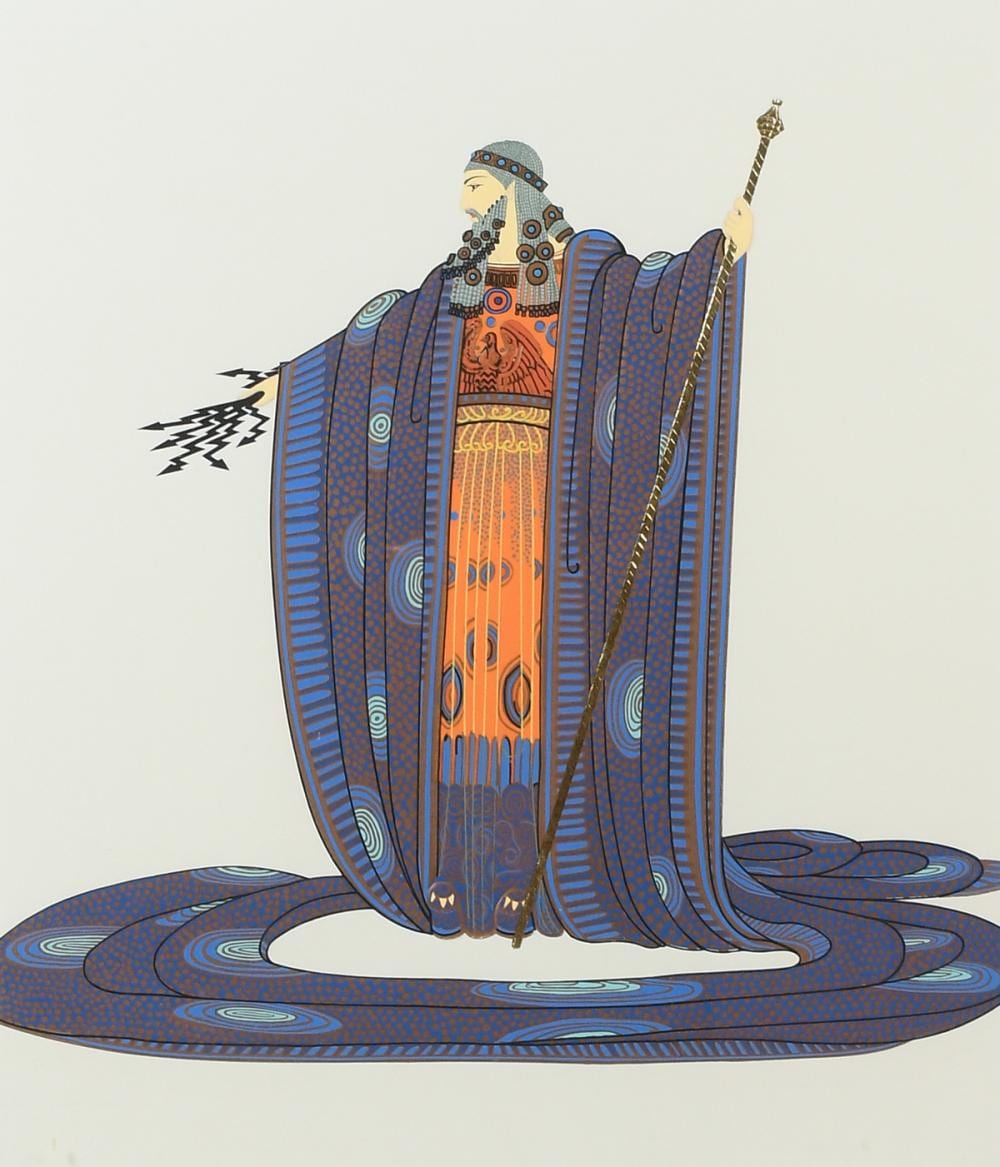 Color print showing a stylized seated figure resembling a mythic king in blue robes with patterned details and a raised arm holding a golden staff, surroundedby