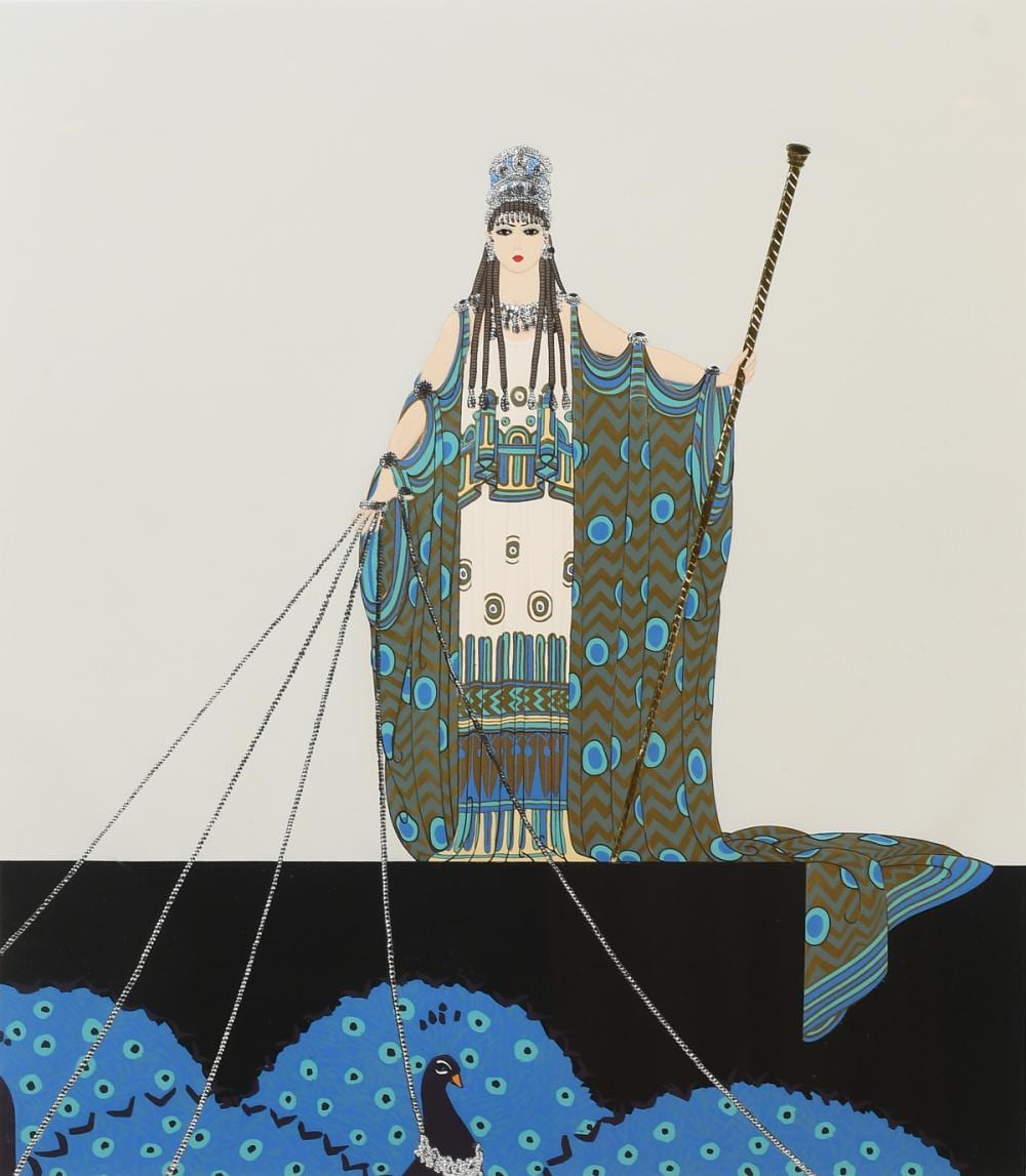 Color serigraph print showing a stylized woman in a tall headdress holding a staff, floating over a black shape and blue patterned background.