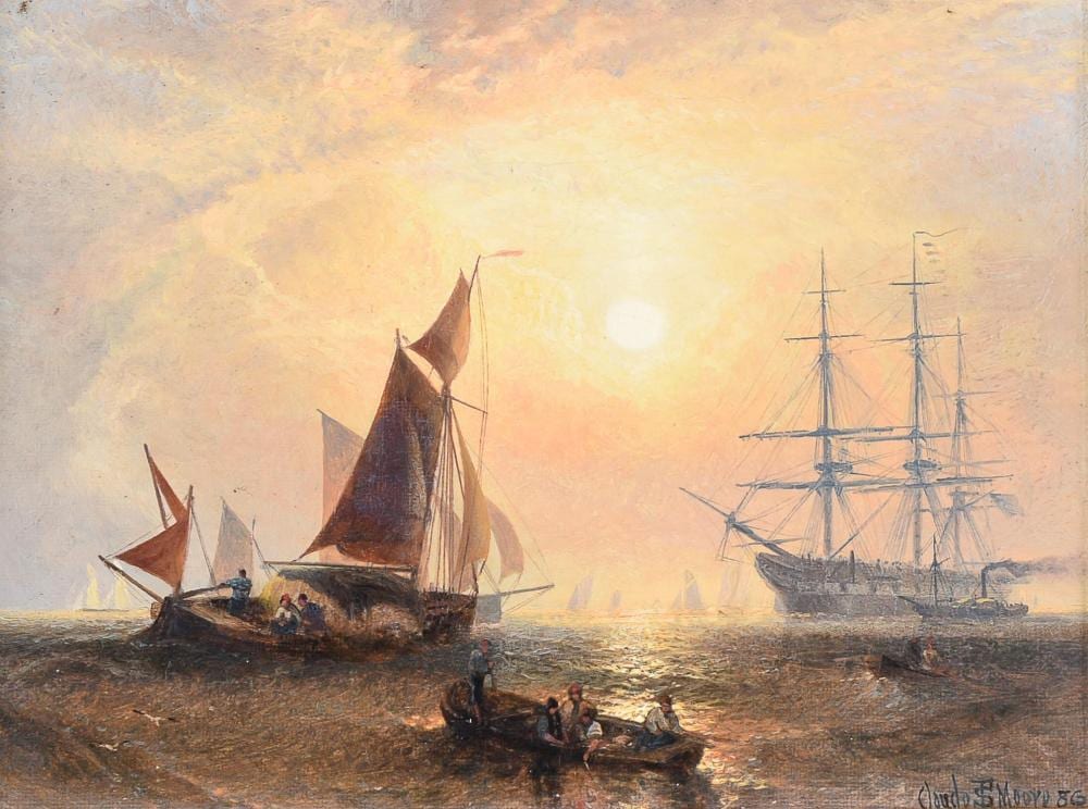 claude t stanfield moore british 1853 1901 shipping on open sea at sunset · Dreweatts 1759 Fine Sales · 2023-04-14 Claude T. S. Moore comparable auction result: claude t stanfield moore british 1853 1901 shipping on open sea at sunset