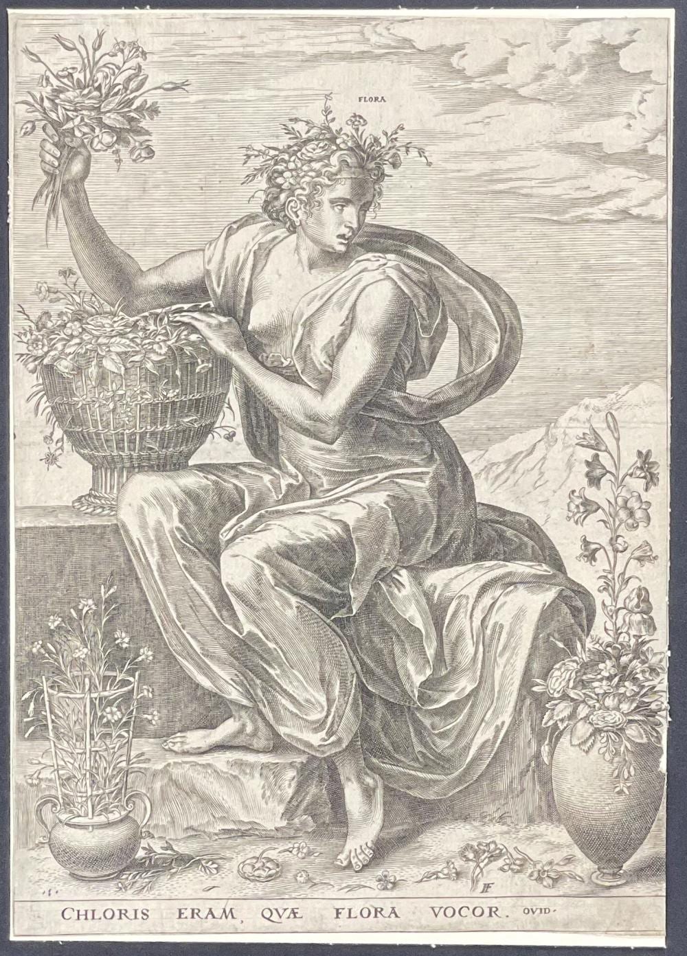 floris engraving of flora with flowers in vases · Trillium Antique Prints & Rare Books · 2023-04-08 Floris Hendrik Verster von Wulverhorst comparable auction result: floris engraving of flora with flowers in vases