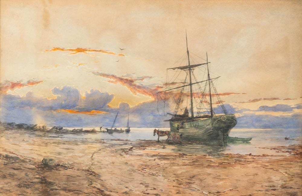 William Dalglish comparable auction result: william dalglish 1860 1909 unloading the cargo at sunset watercolour on paper dated 1881