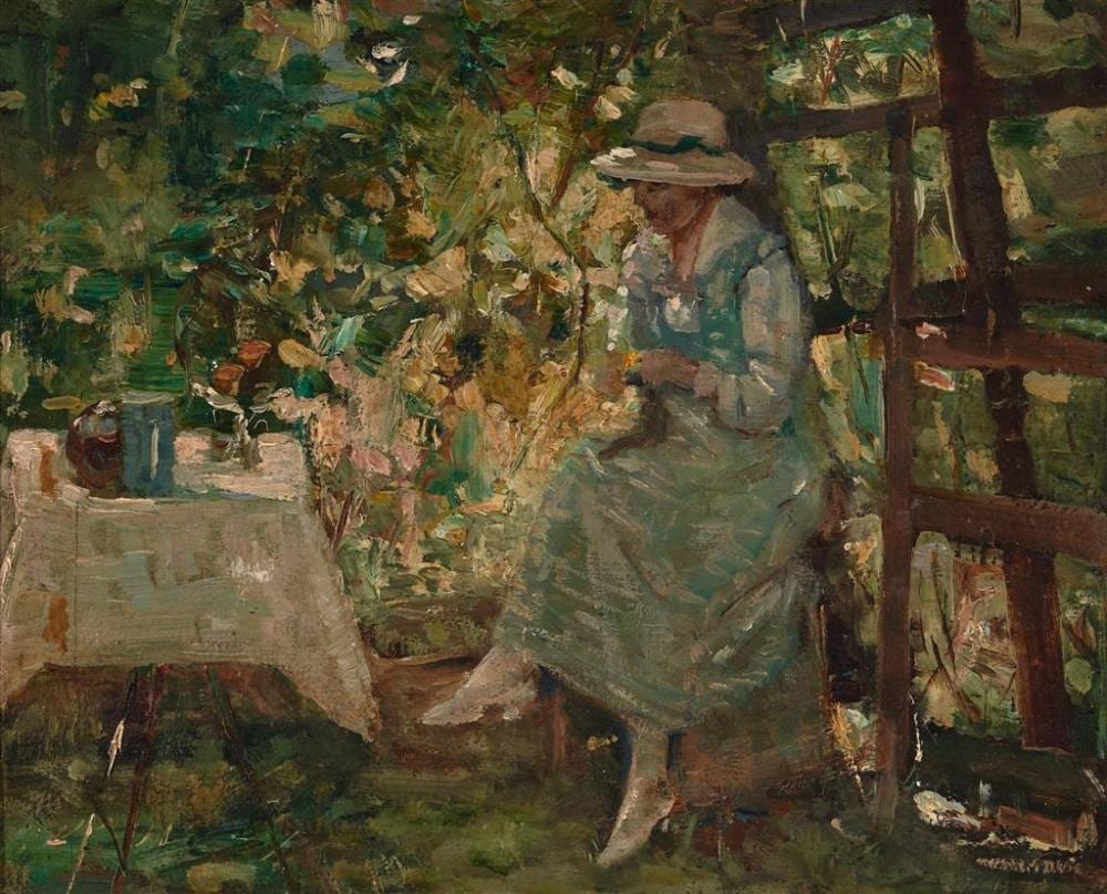 James Muir Auld comparable auction result: james muir auld 1879 1942 the garden shelter oil on canvas on board 19 x 23 5 cm frame 30 x 55 x 2 cm signed lower left