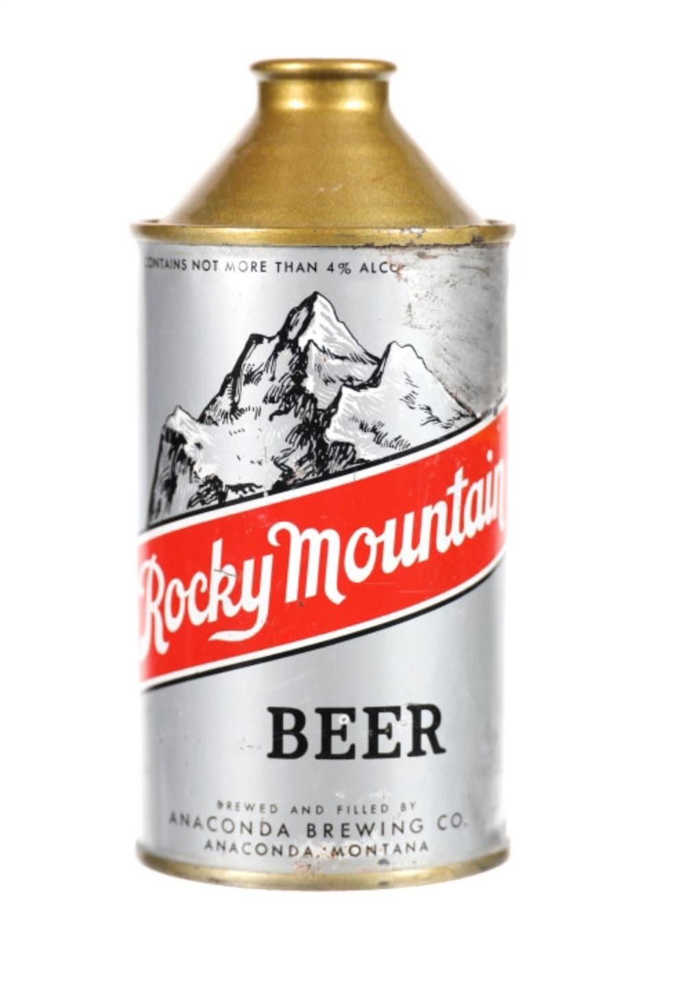 Vintage-style beer can with a red band reading “Rocky Mountain” and “BEER,” featuring a black mountain illustration.